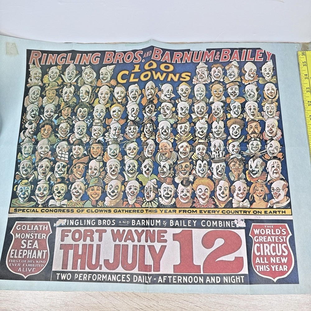 Vintage Ringling Bros Barnum Bailey 100 Clowns Circus Poster‎ Fort Wayne 1928